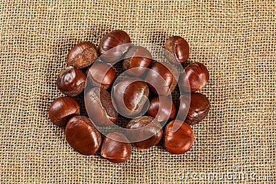 Chestnuts on jute burlap cloth, tabletop photo Stock Photo