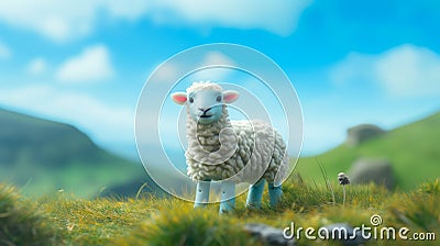 Dreamy Cheviot Sheep On Grassy Hill With Mountains And Trees Stock Photo