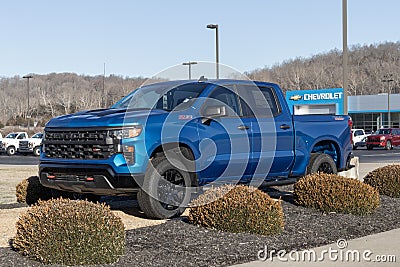 Chevrolet Silverado 1500 display. Chevy offers the Silverado in WT, Trail Boss, LT, RST, and Custom models Editorial Stock Photo