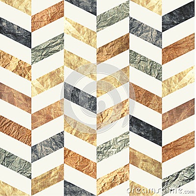 Chevron seamless pattern made of brown, beige, grey and blue old distressed paper textures. Repetitive tileable background for Stock Photo