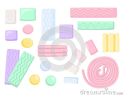 Chewing gum. Cartoon round mint candies and bubblegum pad. Candy balls and sticks. Fresh breathing tasty dragee and Vector Illustration