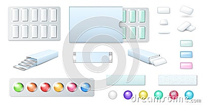 Chewing gum set. Realistic 3d bubble gum in foil packages, blister and plastic box mockup Vector Illustration