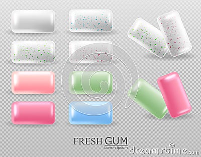 Chewing gum set Vector realistic. Tablets on transparent background. Strawberry Fruit and mint flavor. 3d illustrations Vector Illustration