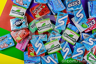 Chewing gum various brands Orbit, Extra, Eclipse, Freedent, Wrigley, Spearmint, Trident, Stride Editorial Stock Photo