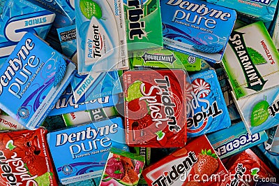 Chewing gum various brands Orbit, Extra, Eclipse, Freedent, Wrigley, Spearmint, Trident, Stride Editorial Stock Photo