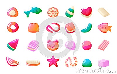 Chewing jelly candies. Cartoon colorful gummy bear sweets, kids chewing gummi fruits, mint chocolate candy multicolored Vector Illustration