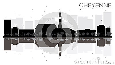 Cheyenne City skyline black and white silhouette with reflection Cartoon Illustration