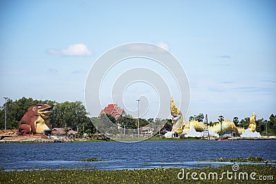 Chi River with Naga statue and Phaya Tan public park and Phayakunkak Museum National Editorial Stock Photo