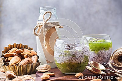 Chia seed pudding with almond milk and fresh fruit topping Stock Photo