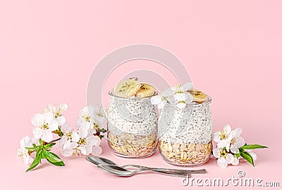 Chia seed pudding with yogurt, banana and oats on pastel pink background. Superfood concept. Stock Photo
