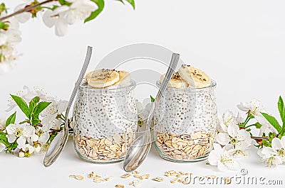 Chia seed pudding with yogurt and oats on white background decorated with flowers. Superfood concept. Stock Photo