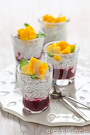 Chia seed pudding with yogurt, raspberry mousse and fresh mango Stock Photo