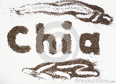 Chia word made from chia seeds on white background. Stock Photo