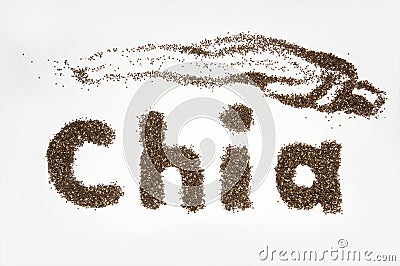 Chia word made from chia seeds on white background. Healthy Chia Seeds for Weightloss. Stock Photo