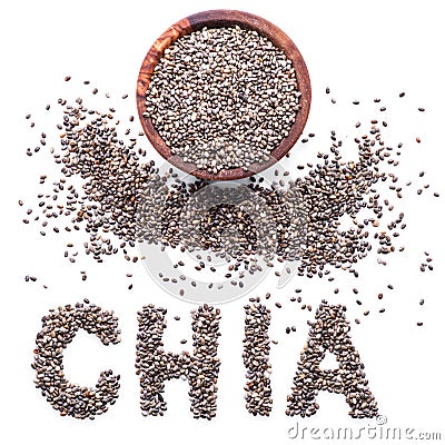 Chia word made up of chia seeds isolated on white background. Top view Stock Photo