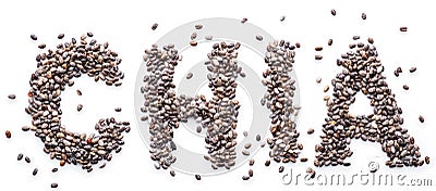 Chia word made up of chia seeds isolated on white background Stock Photo