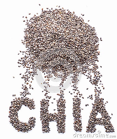 Chia word made up of chia seeds isolated on white background Stock Photo