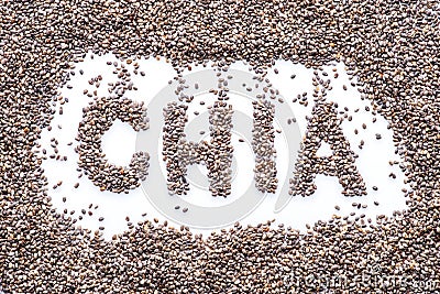 Chia word made up of chia seeds isolated on white background Stock Photo
