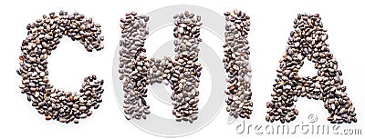 Chia word made up of chia seeds isolated on white background Stock Photo