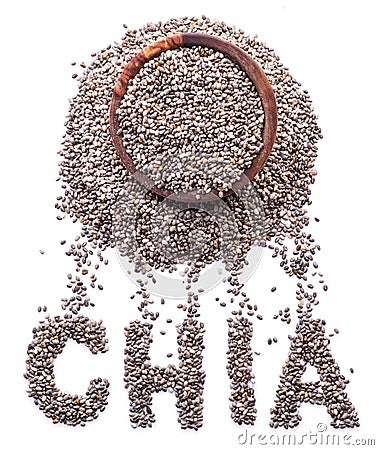 Chia word made up of chia seeds isolated on white background. Top view Stock Photo