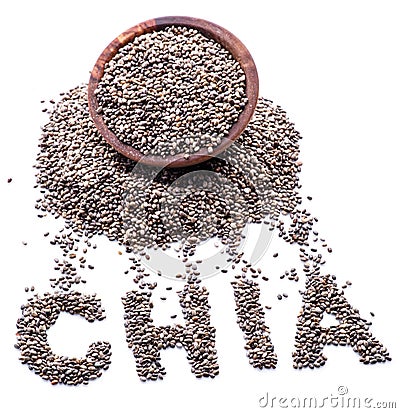 Chia word made up of chia seeds isolated on white background. Top view Stock Photo