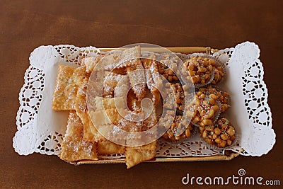 Chiacchiere and cicerchiata: typical italian sweets Stock Photo