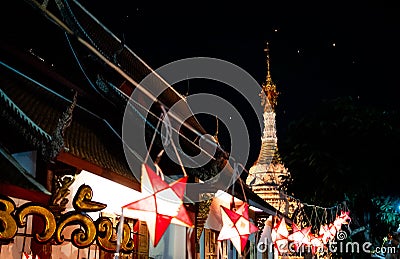 Chiang Mai Lanna style temple with Yi Peng Lanterns in Loy Krathong festival of Thailand Editorial Stock Photo