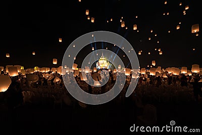 Chiang Mai lantern festival with lantern flying on the sky and crowd of people who is going to release the lanterns Editorial Stock Photo