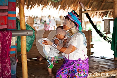 Chiang Mai, Thailand - APRIL 22, 2015: The village of long-necked women. Hilltribe Villages. Editorial Stock Photo