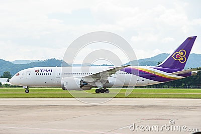 Chiang Mai, Thailand - August 21, 2014 : Thai Airways International Boeing 787-8 Reg. HS-TQA taxi to take off at Chiang Mai Airpo Editorial Stock Photo