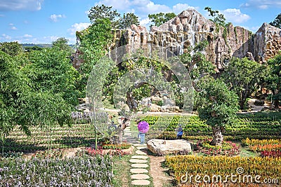 DANTAYVADA, a new landmark for colorful of flower field, huge waterfall, Japanese garden style, and cafe. Editorial Stock Photo