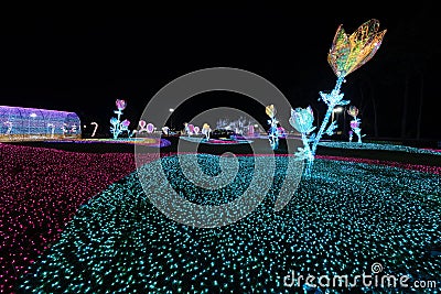 CHIANG MAI, THAILAND - December 12, 2023 : View of flower garden with beautiful lighting during the New Year's festival. Editorial Stock Photo