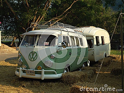 CHIANG MAI, THAILAND - FEBRUARY 17, 2021 : Green and white 1969 Volkswagen camper van parked in camping ground Editorial Stock Photo