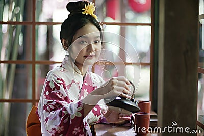 CHIANG MAI, THAILAND. 3 JULY 2023 : Japanese traditionally dressed women in Chiang Mai, Thailand. Editorial Stock Photo