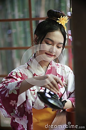 CHIANG MAI, THAILAND. 3 JULY 2023 : Japanese traditionally dressed women in Chiang Mai, Thailand. Editorial Stock Photo