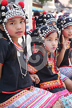 Chiang Mai, Thailand - June 2012: Akha tribe girls posing at the Wat Phra That Doi Suthep, Chiang Mai,Thailand Editorial Stock Photo