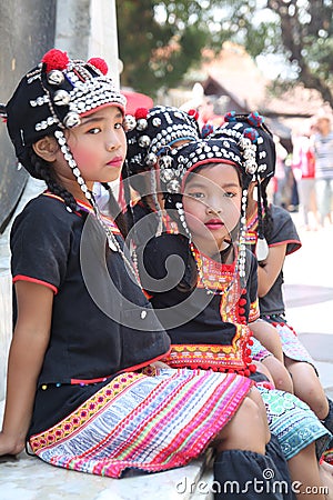 Chiang Mai, Thailand - June 2012: Akha tribe girls posing at the Wat Phra That Doi Suthep, Chiang Mai,Thailand Editorial Stock Photo