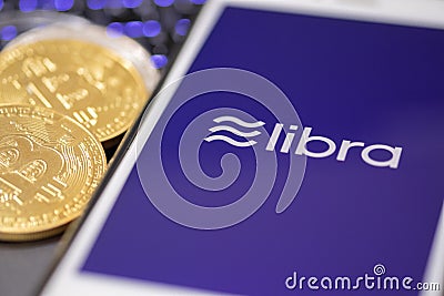 CHIANG MAI,THAILAND - JUNE 19,2019: Libra Facebook cryptocurrency and bitcoin cryptocurrency, Libra coins concept Editorial Stock Photo