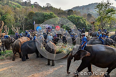 Large catering fruit buffet Khantok Chang for elephants on Thai Elephant Day Editorial Stock Photo