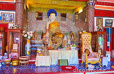The altar of the shrine of Wat Sai Moon Myanmar temple, on May 4 in Chiang Mai, Thailand Editorial Stock Photo