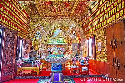 Spectacular interior of the shrine-library of Wat Buppharam, on May 3 in Chiang Mai, Thailand Editorial Stock Photo
