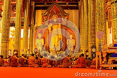 Chiang Mai Thailand - 26 Nov 2019 : Monk prayer in Buddha days in Wat Chedi Luang Temple. Editorial Stock Photo