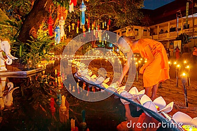 CHIANG MAI, THAILAND - NOVEMBER 12, 2008 : A little monk and col Editorial Stock Photo