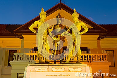 Sculptures of three kings. Fragment of the memorial on the central square of Chiang Mai, Thailand Editorial Stock Photo
