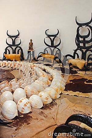 Chiang Rai, Thailand - November 2017: Horns and conch shells inside exhibition room. Black Temple, Baandam Museum of Art Editorial Stock Photo