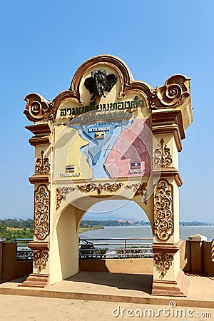 Chiang Saen, Chiang Rai Province, Thailand - February 19, 2019: Ðrch sign of the golden triangle on the Mekong River. Editorial Stock Photo