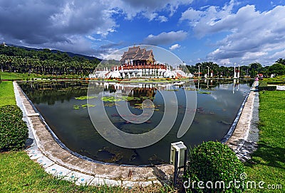CHIANGMAI, THAILAND - NOVEMBER 05, 2020: Ho Kham Luang Royal Pavilion is most famous place in Royal Park Ratchaphruek with blue Editorial Stock Photo