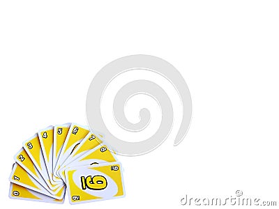 Yellow number card game arrange from one to nine isolated on white background Editorial Stock Photo