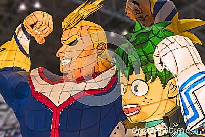 Illuminated Nebuta lanterns depicting manga and anime characters of My Hero Academia. Editorial Stock Photo