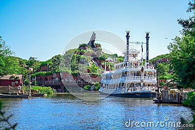 CHIBA, JAPAN: Mark Twain Riverboat in the river in Westernland, Tokyo Disneyland Editorial Stock Photo